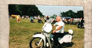 Our friend Alan Hopkins on his beloved L.E. Velocette, somewhere in England. Mr. Mike has a '47 L.E. Velo.